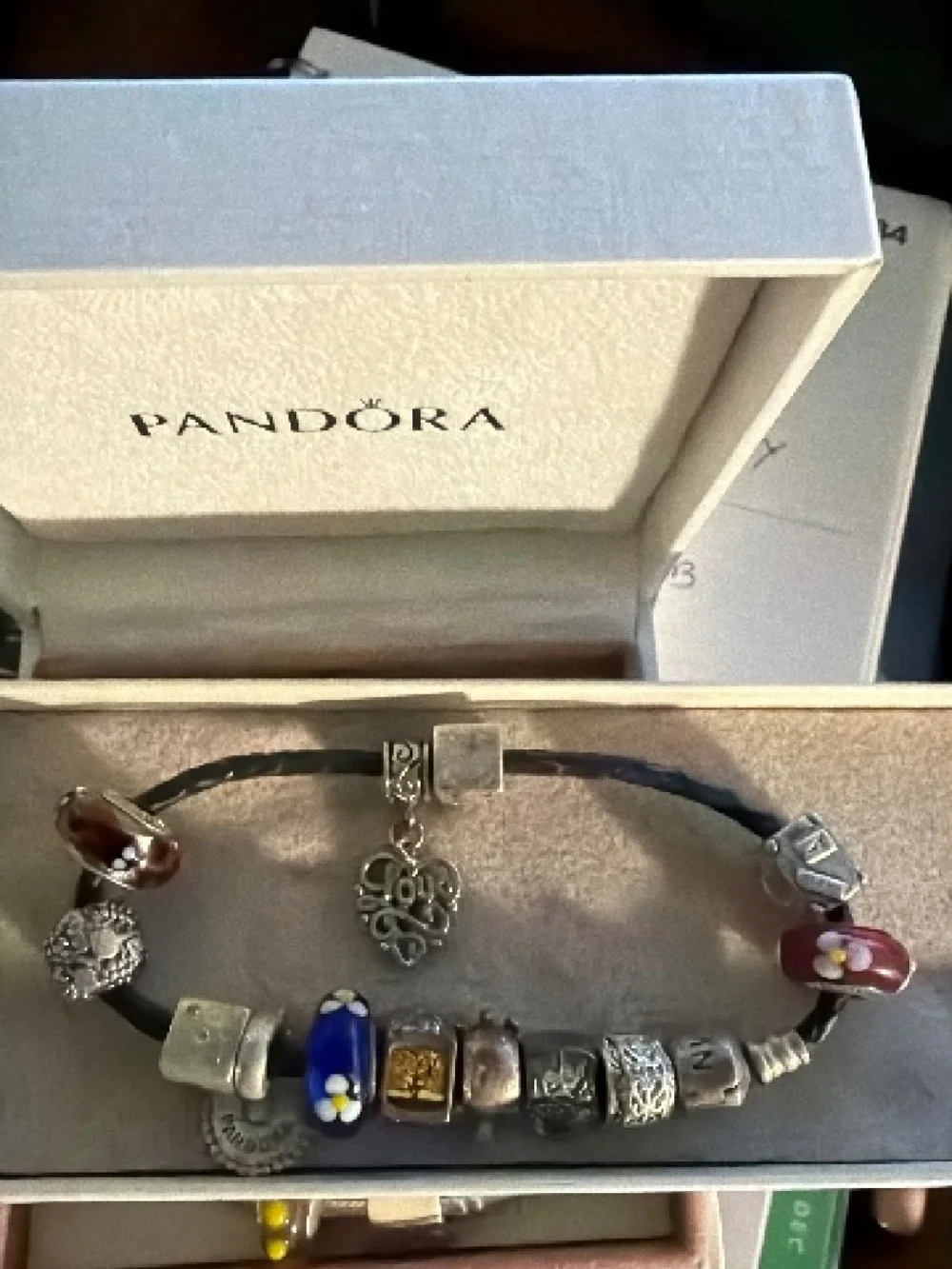Pandora Black Leather SS Charm Bracelet w/Red, White  & Blue murano Glass charm